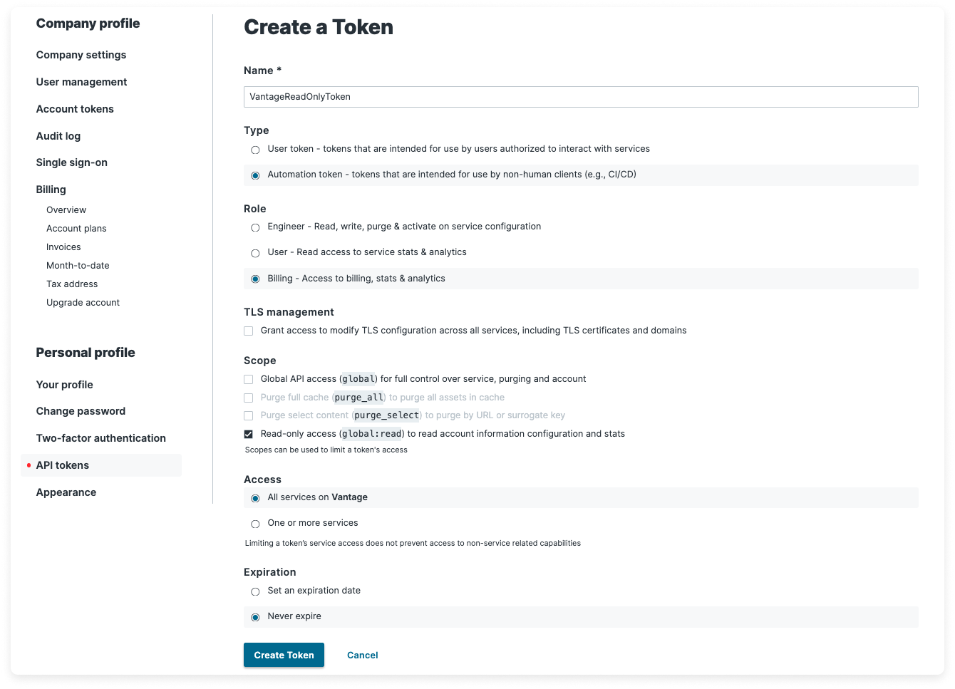 Example Fastly Token Creation Form
