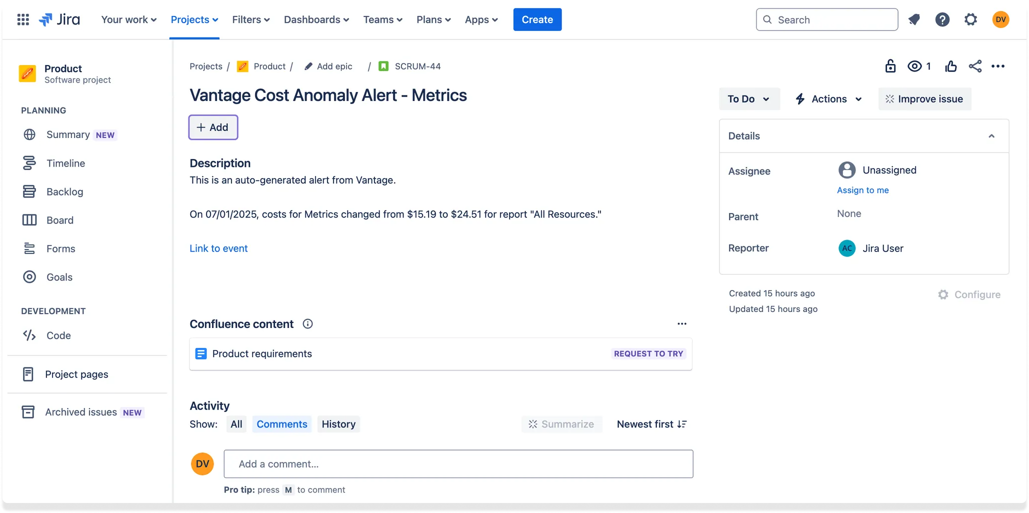 Jira representation of a Vantage anomaly alert