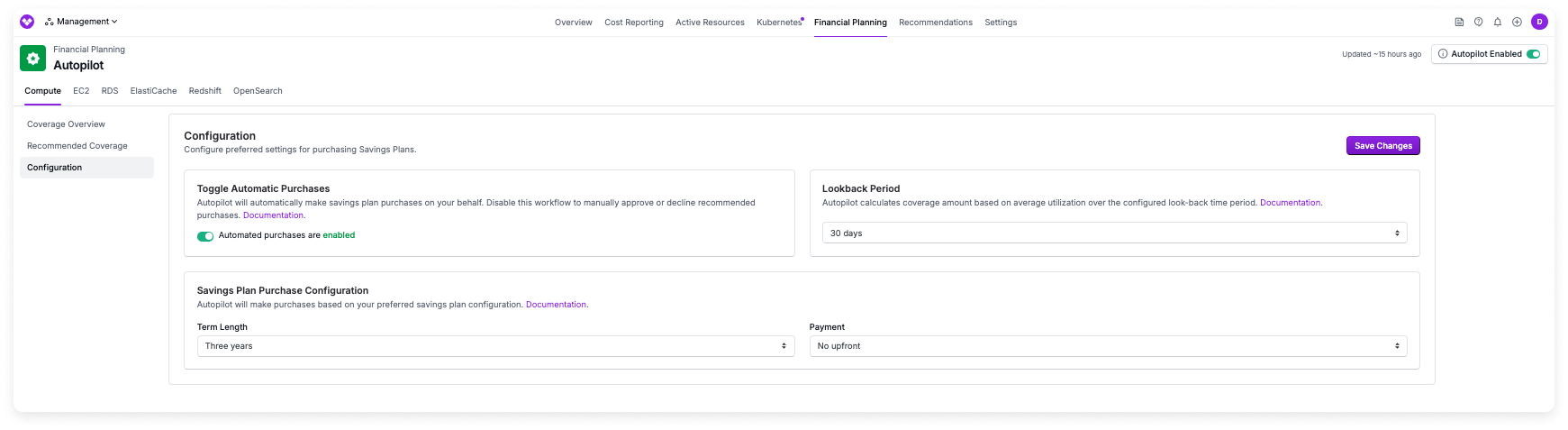 Configuration screen on the Autopilot dashboard providing options for lookback, payment type, and term