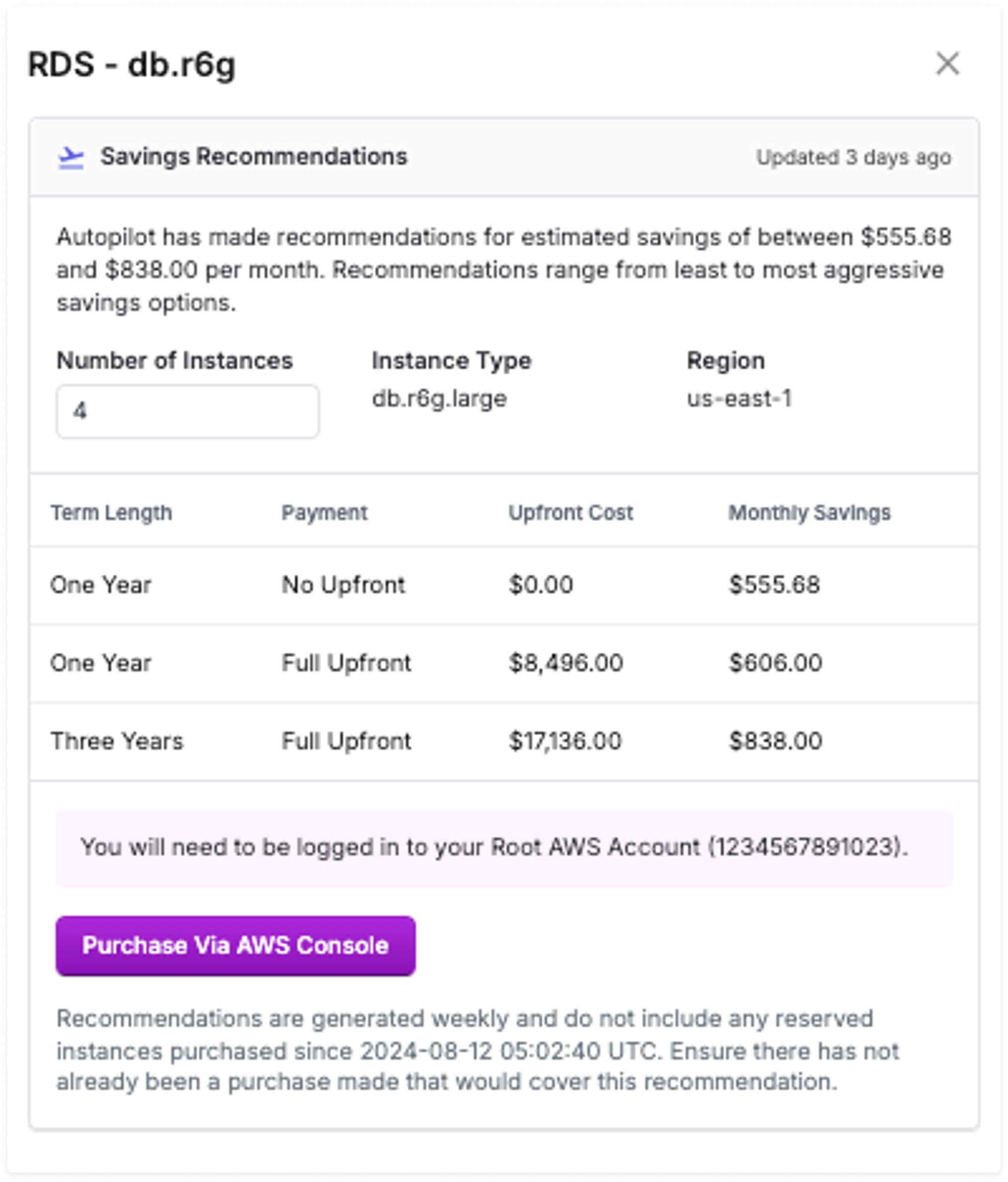 ElastiCache recommendations on the Autopilot dashboard