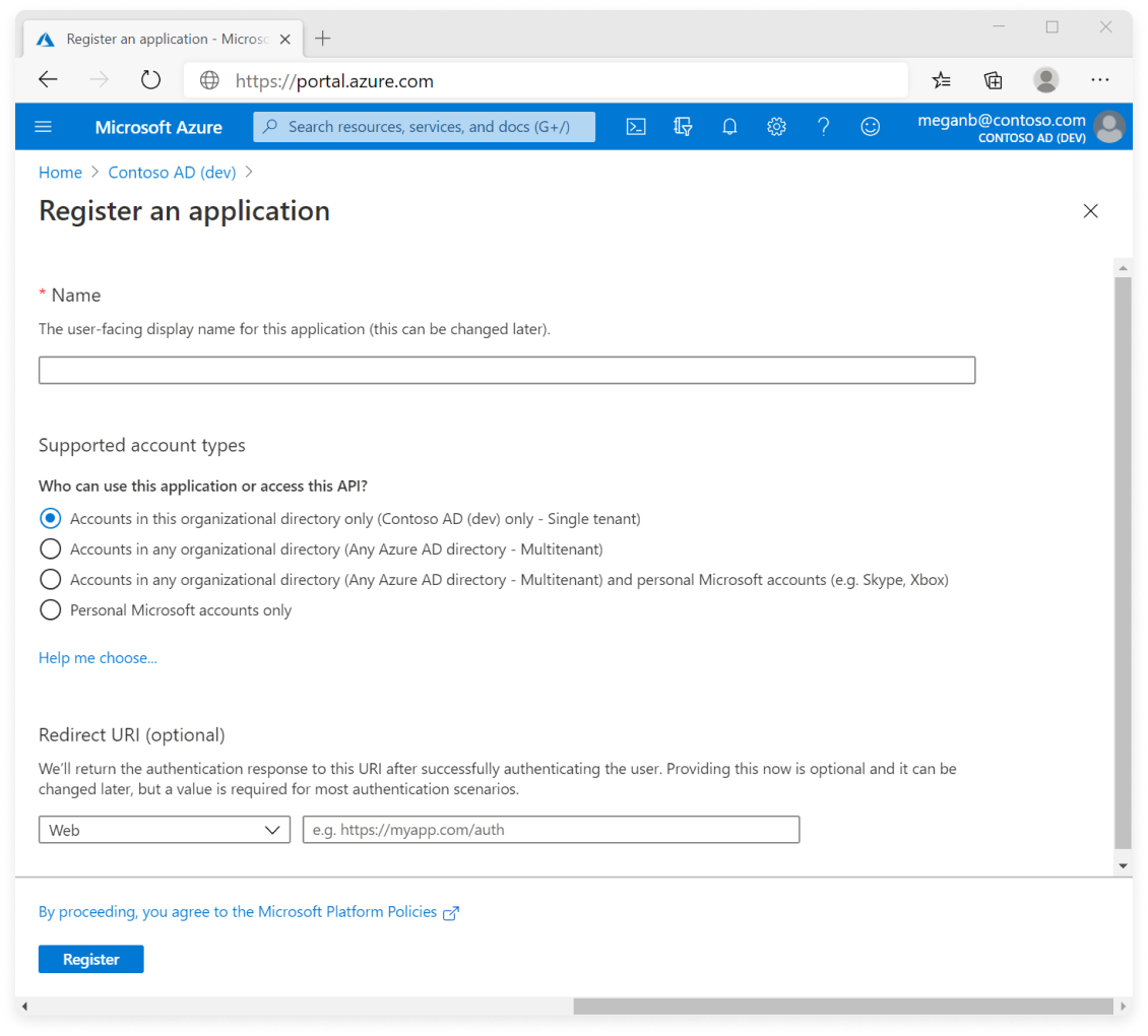Configuration for Azure app registration