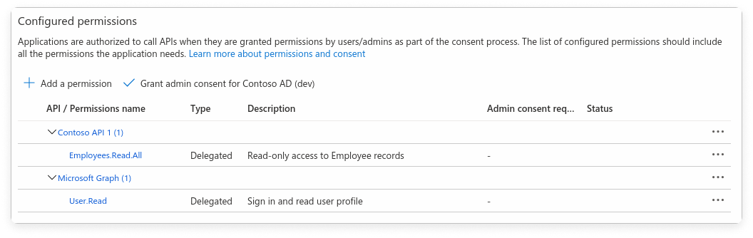 Configuration for Azure app API permissions