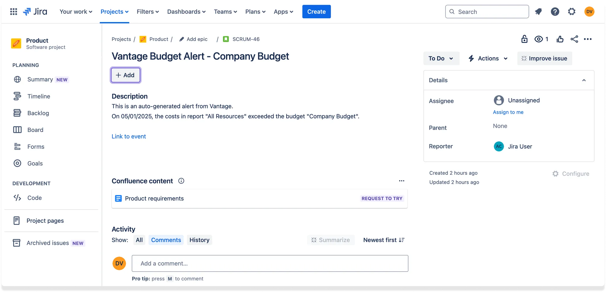 Jira representation of a Vantage Budget Alert