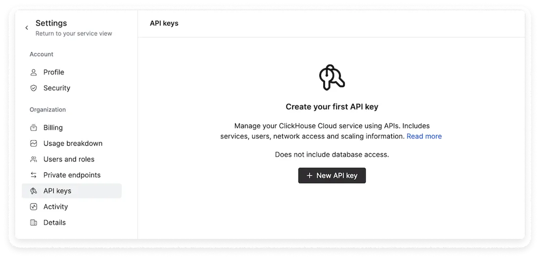 ClickHouse API Key screen