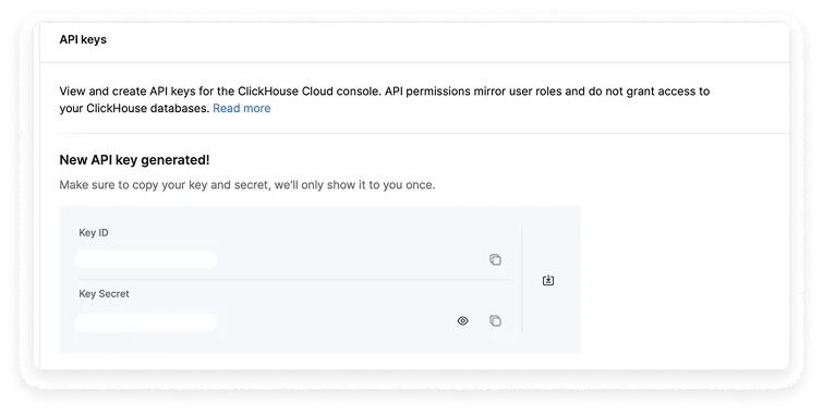 Copying ClickHouse key and secret