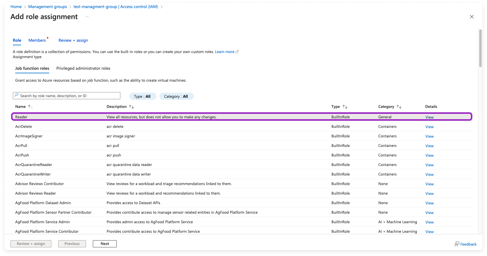 Azure portal with Reader role highlighted