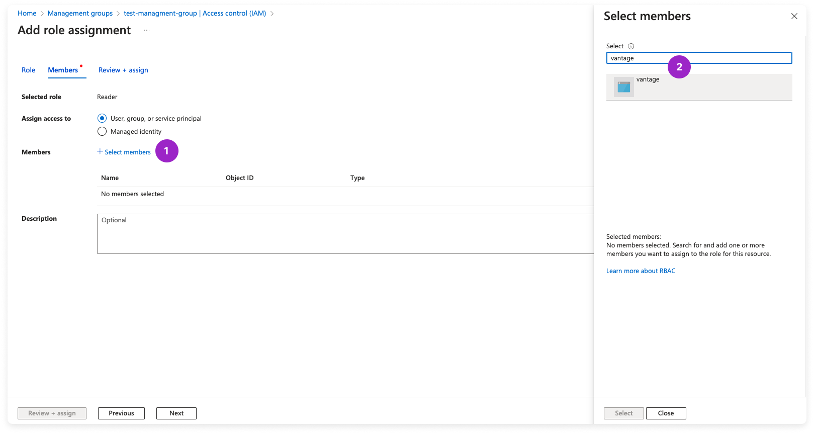 Azure portal with Add role assignment window displayed