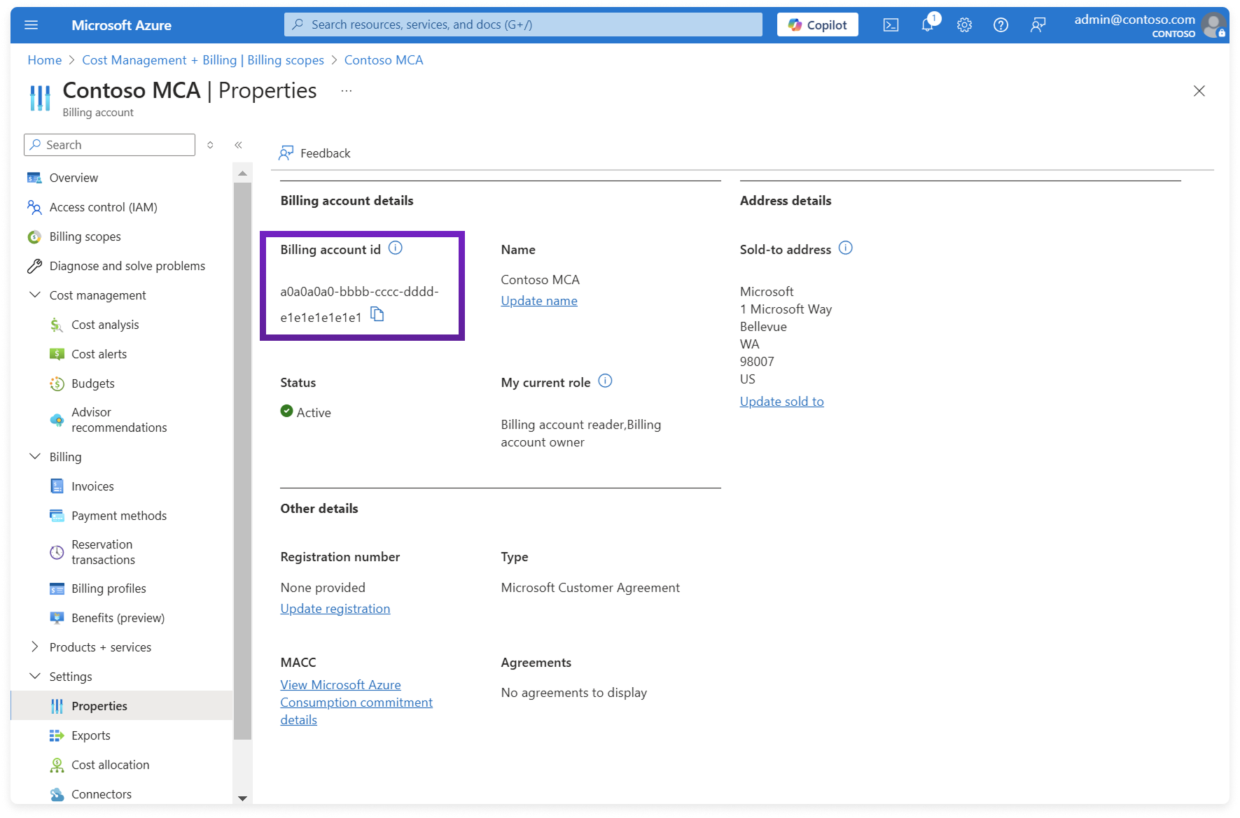 Azure portal with the billing account id highlighted