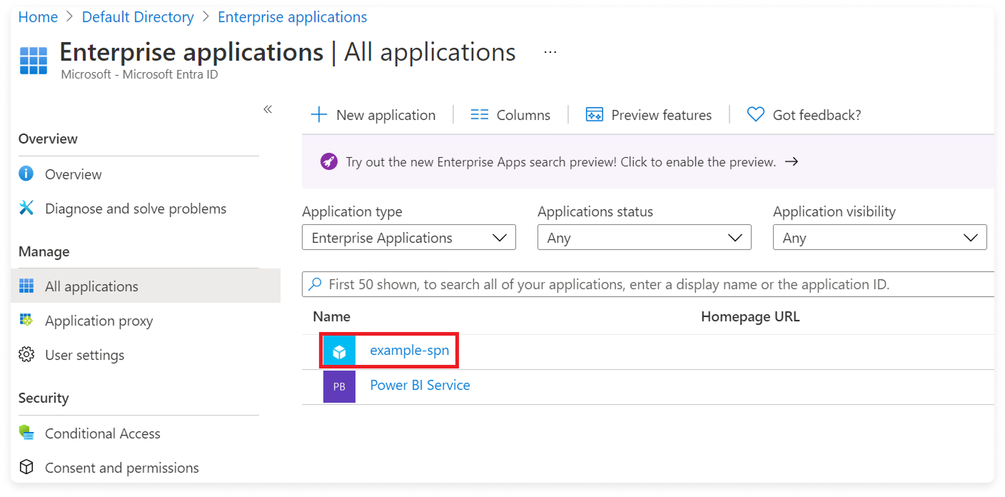 Azure portal with all apps listed in Enterprise Applications