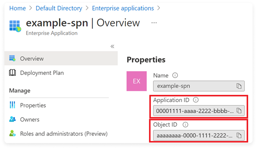 Azure portal with App and Object ID listed