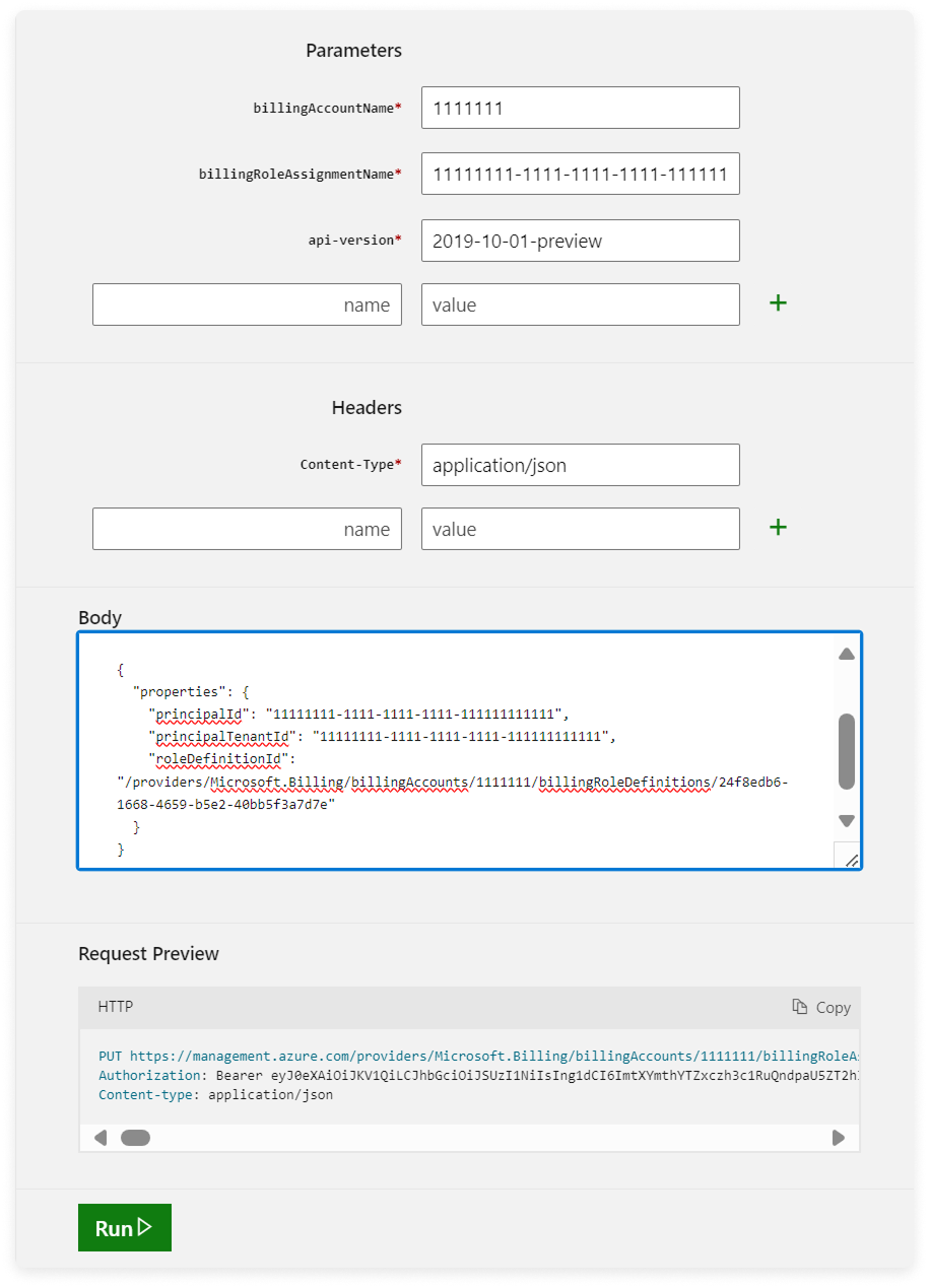 Azure API role assignment parameters filled in