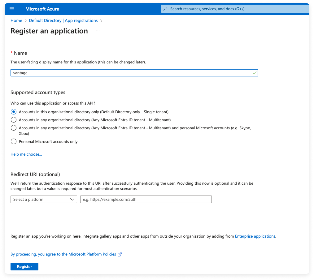 Azure portal the Register an application screen and vantage entered as app name