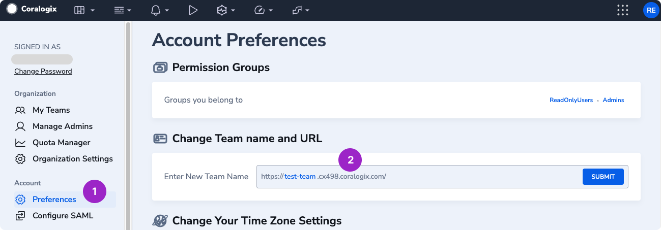 The Coralogix Account Preferences screen. A number 1 tooltip is displayed next to the Preferences option. A number 2 tooltip is displayed next to the team name and URL option.