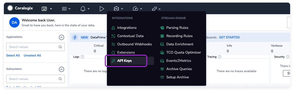 The Coralogix Data Flow menu with the API Key option highlighted
