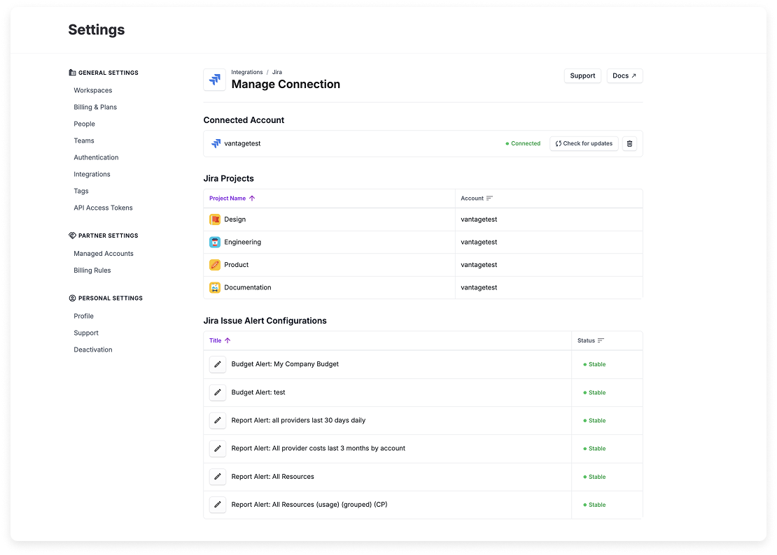 Jira connection screen in the Vantage console