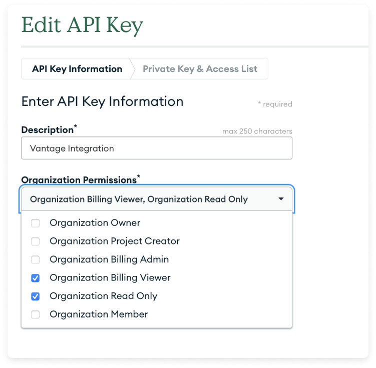 Edit API key permissions in MongoDB Atlas