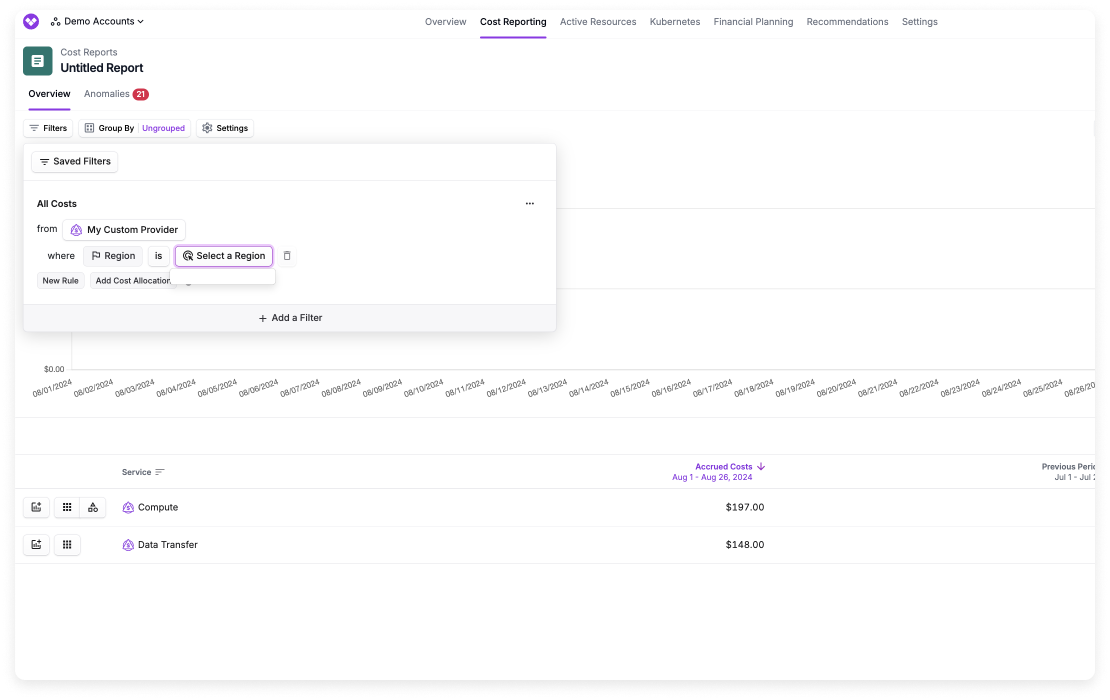 Cost Report for custom provider with no region filter