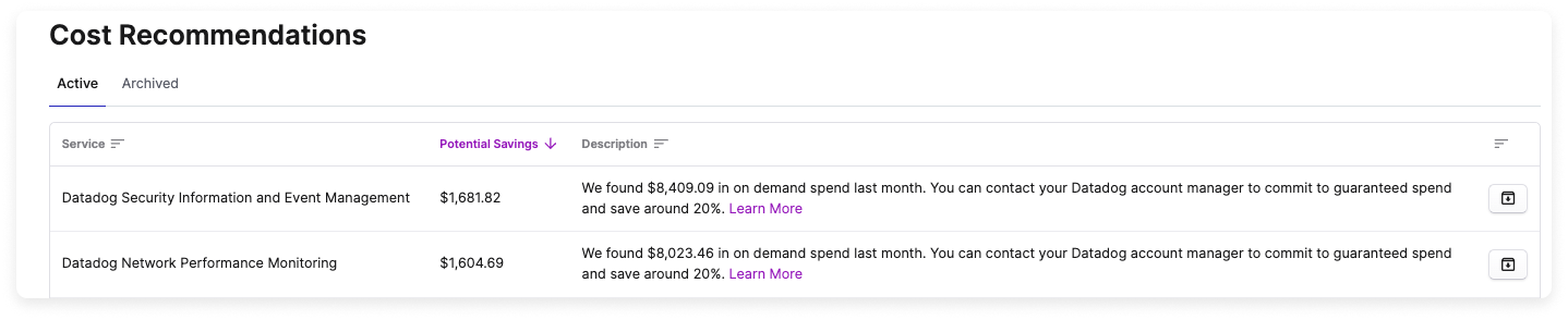 A list of Datadog-related recommendations in the console