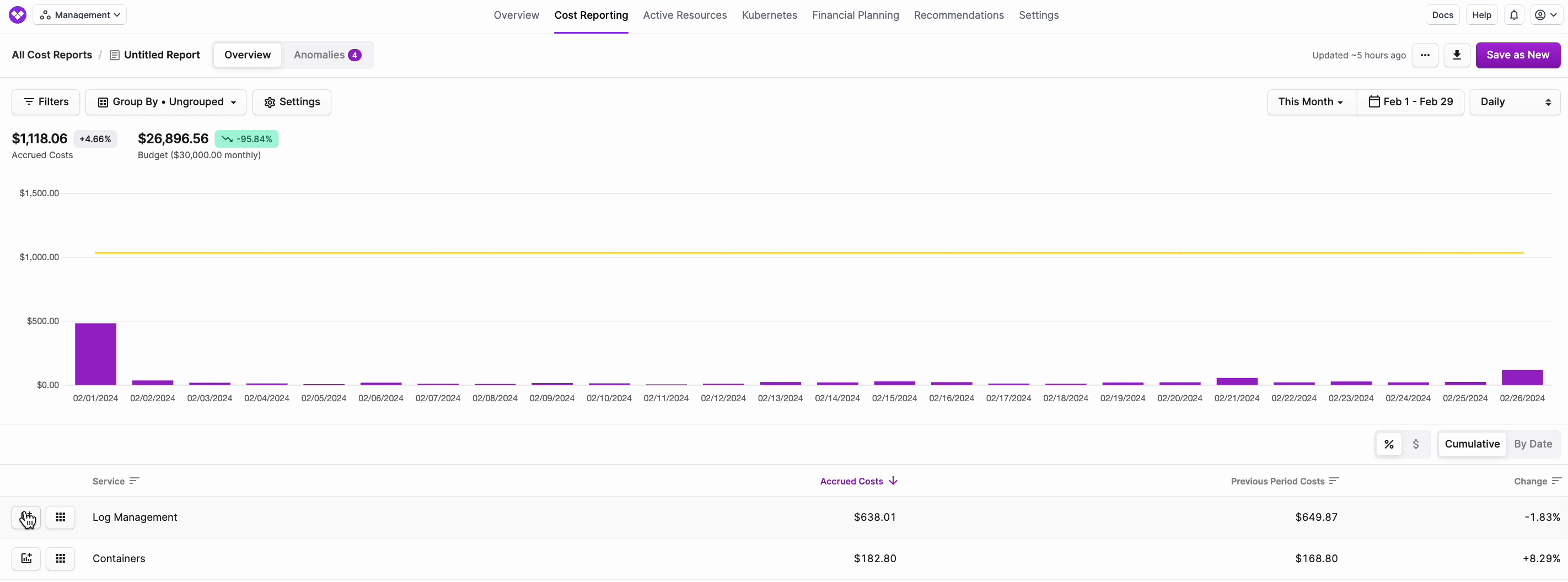 GIF selecting different Datadog services. When Log Management is selected, costs are displayed for the whole month. When Containers is selected, costs are displayed on the first of the month.