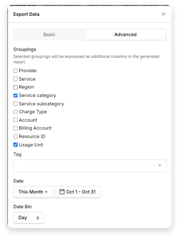 Exporting a Cost Report on the Usage view