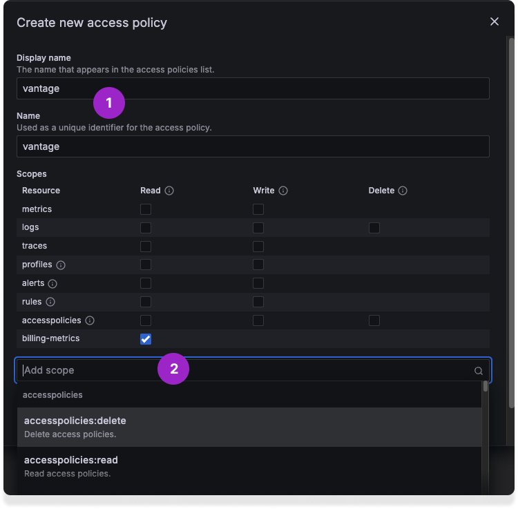 Grafana cloud access policy screen