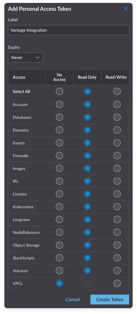 Linode access token screen