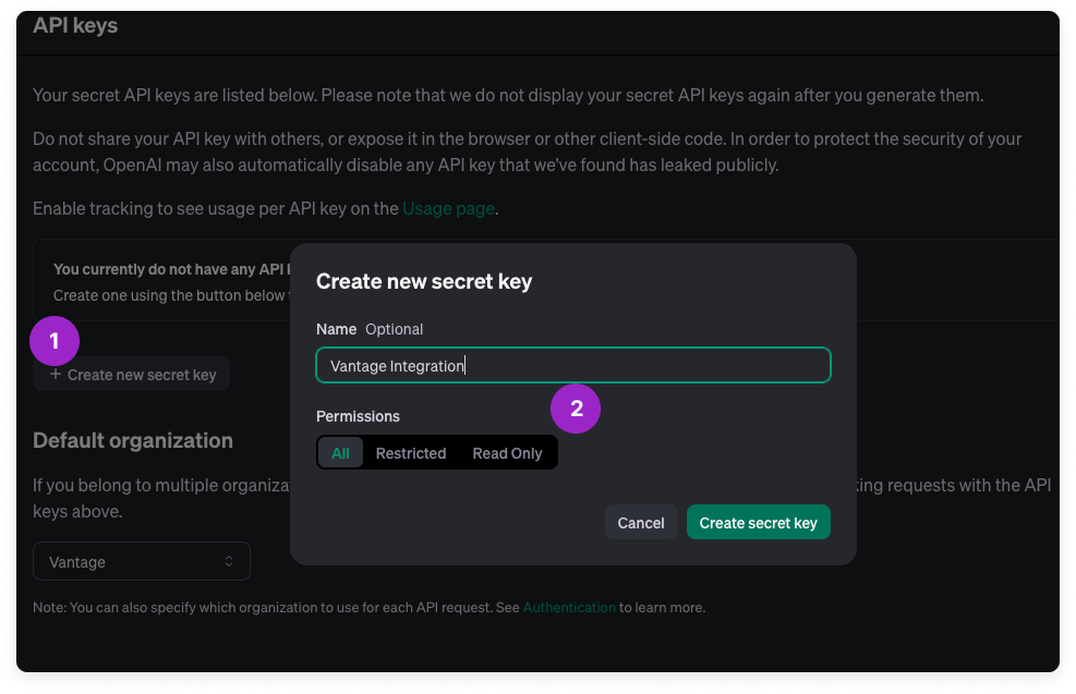 Create API key modal with a number 1 next to the Create new secret key button and number 2 next to the input field for the key name