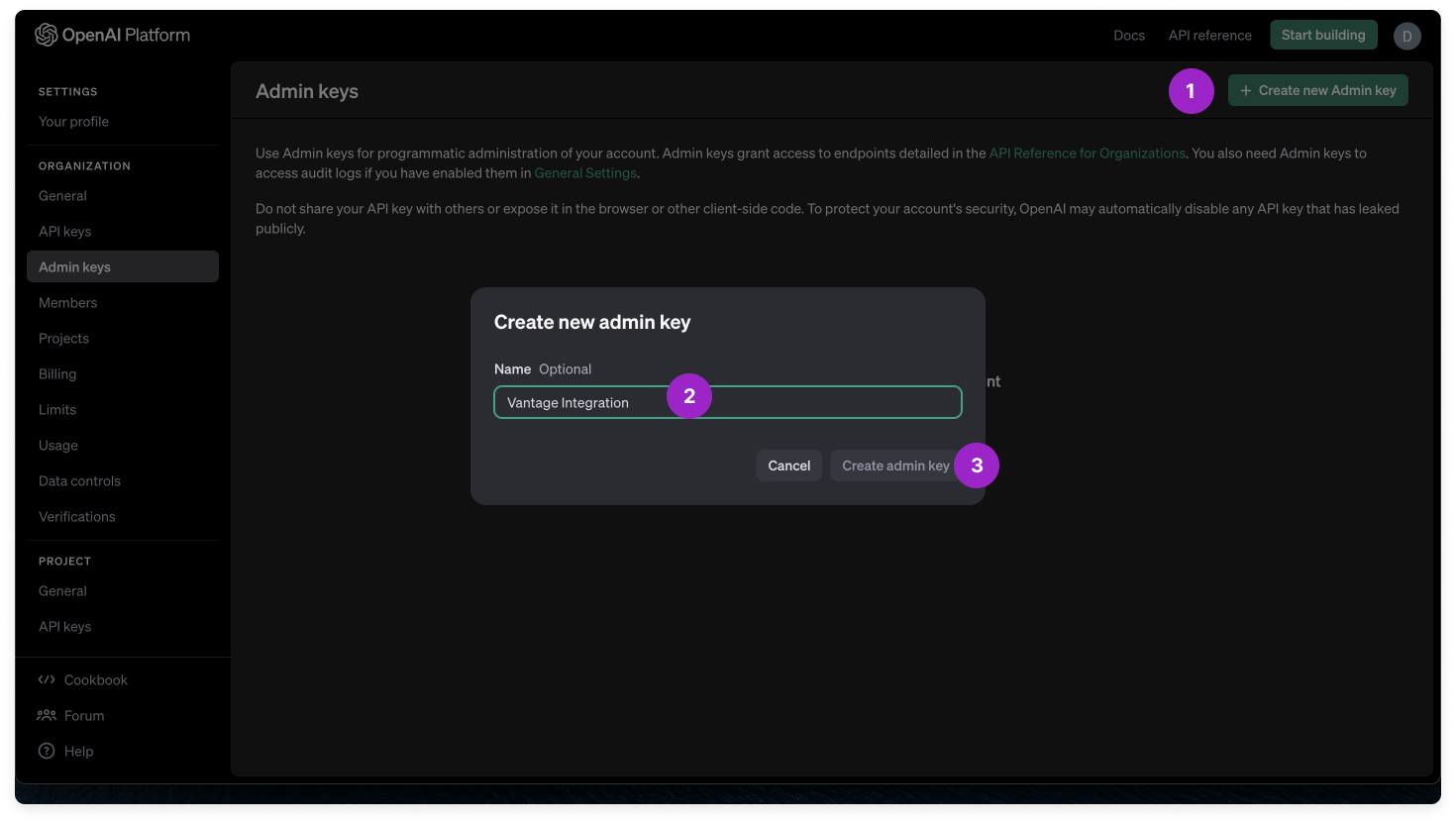 Create API key modal with a number 1 next to the Create new secret key button and number 2 next to the input field for the key name