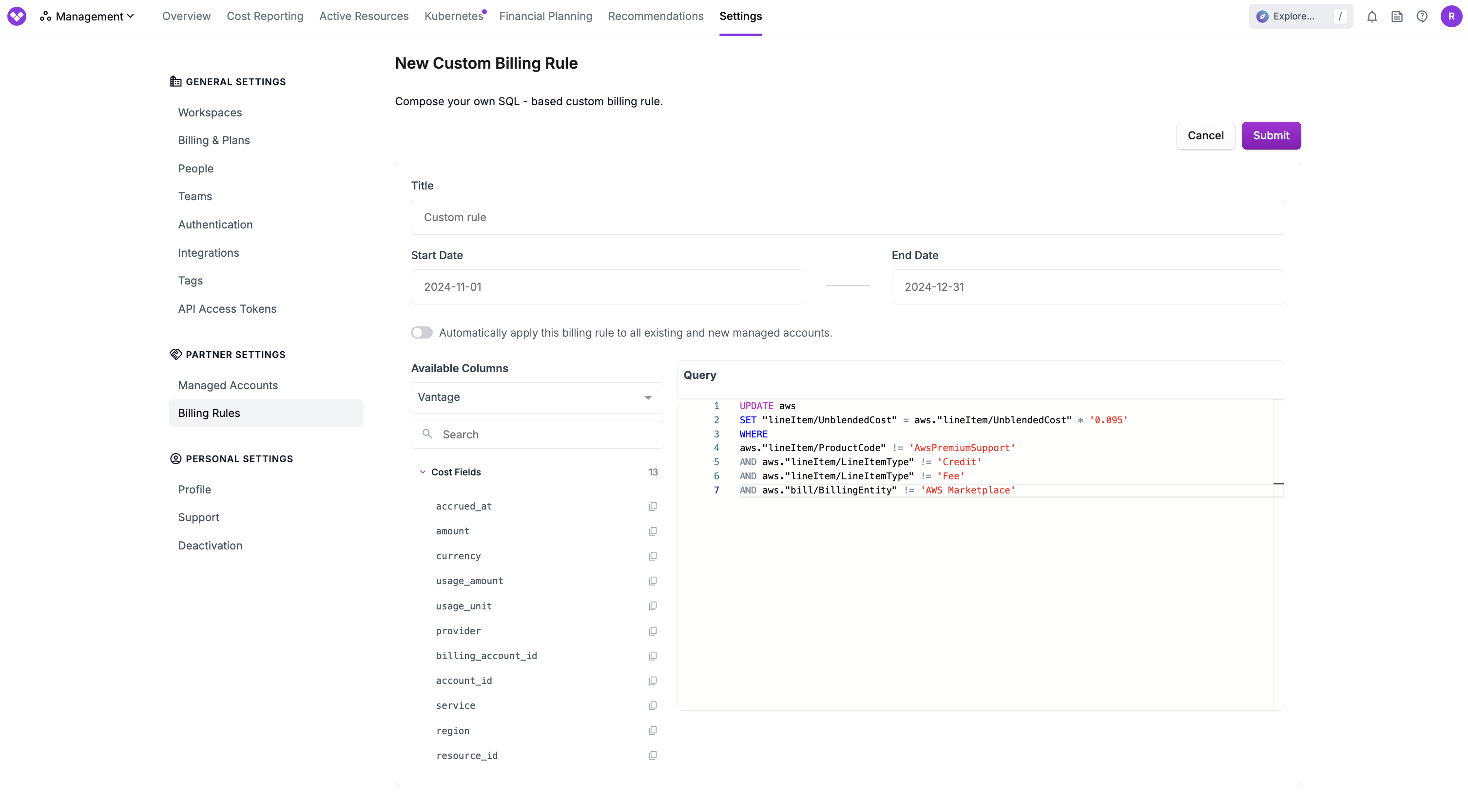 Creating a custom billing rule