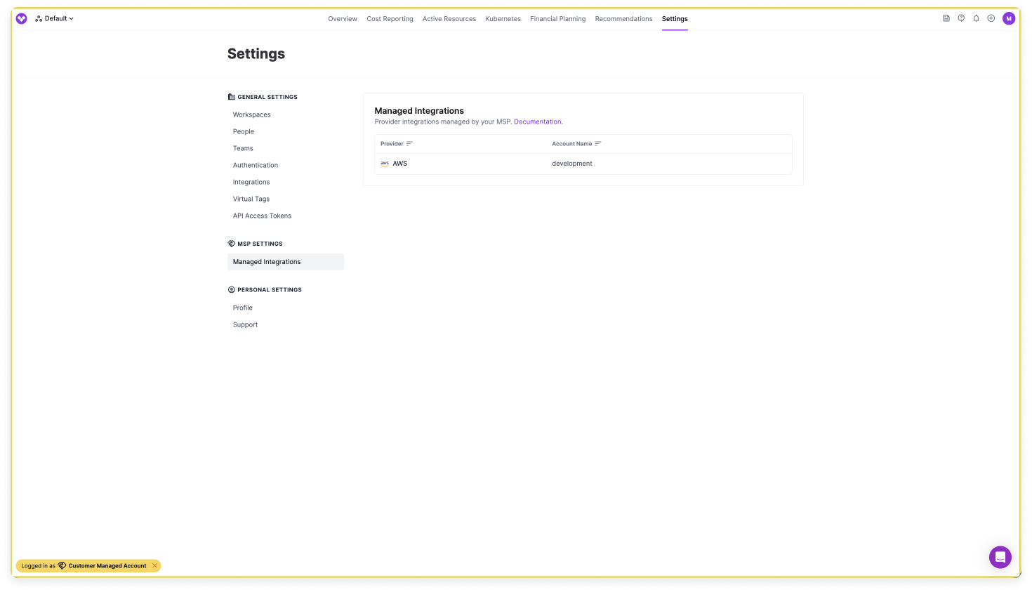 Customer's view of the managed accounts screen