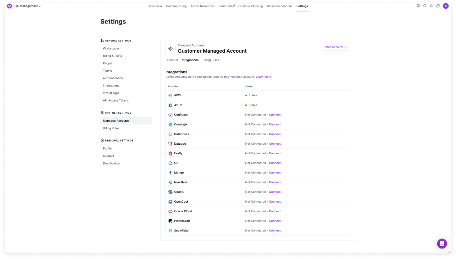 The Integrations screen for a managed account