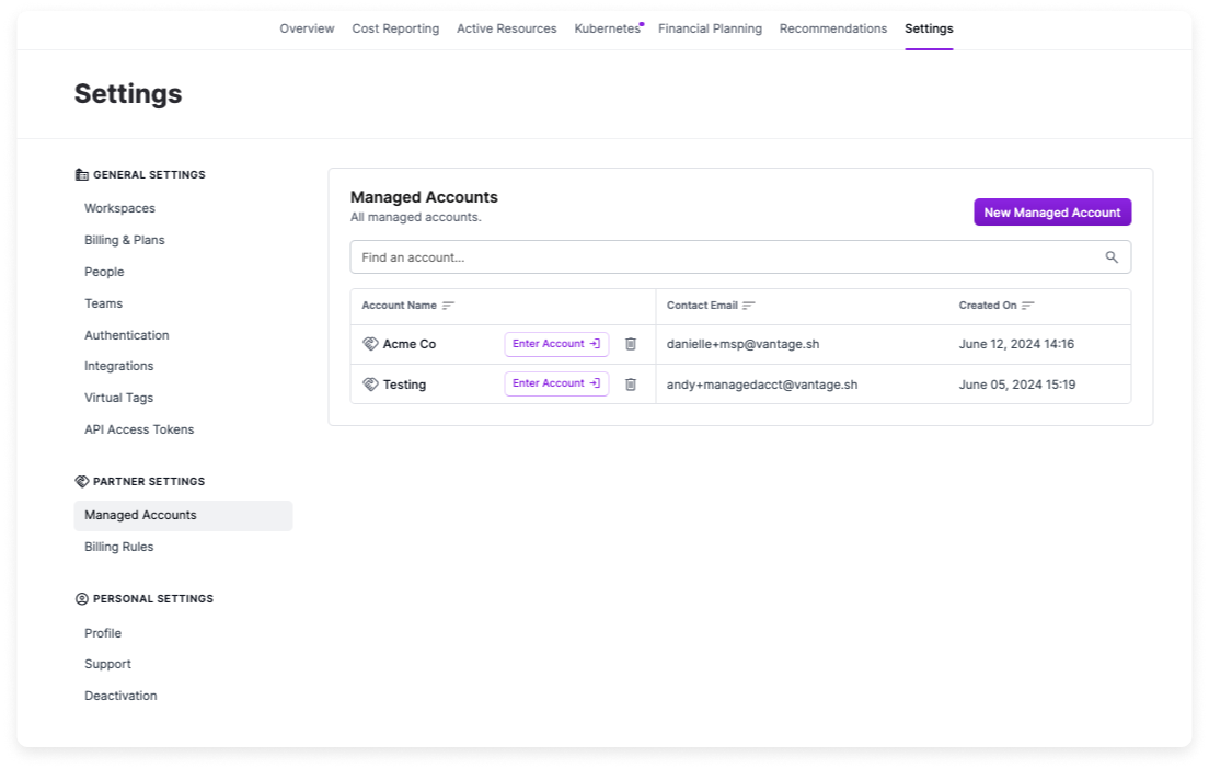 Managed accounts screen with two existing accounts