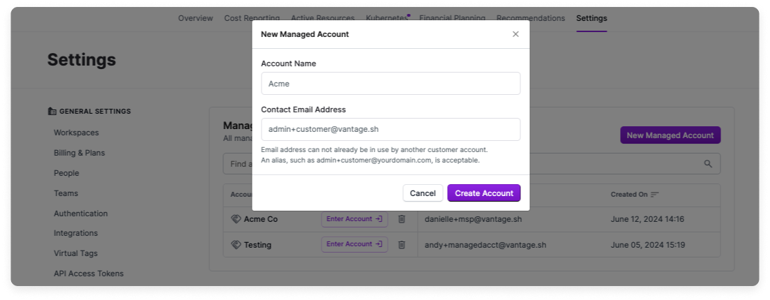 Pop-up window for creating a new managed account