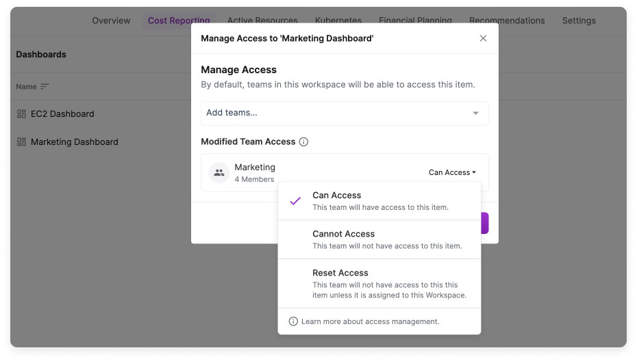 Manage access to a Cost Reporting dashboard