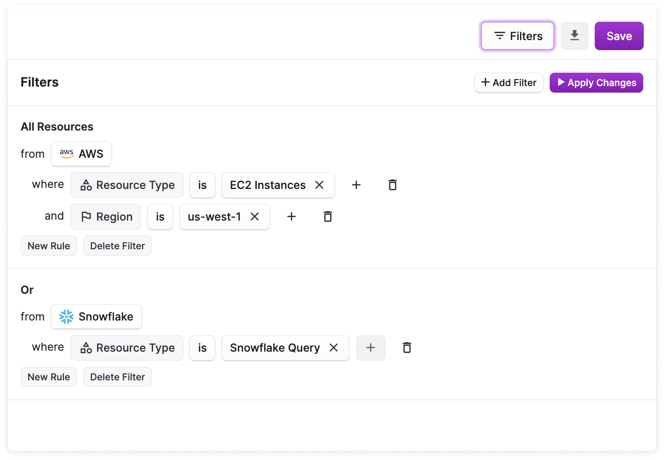 A resource report filter with sample filter criteria for Snowflake and AWS