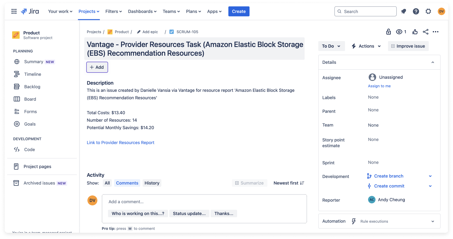 Creating a resource report ticket for Jira