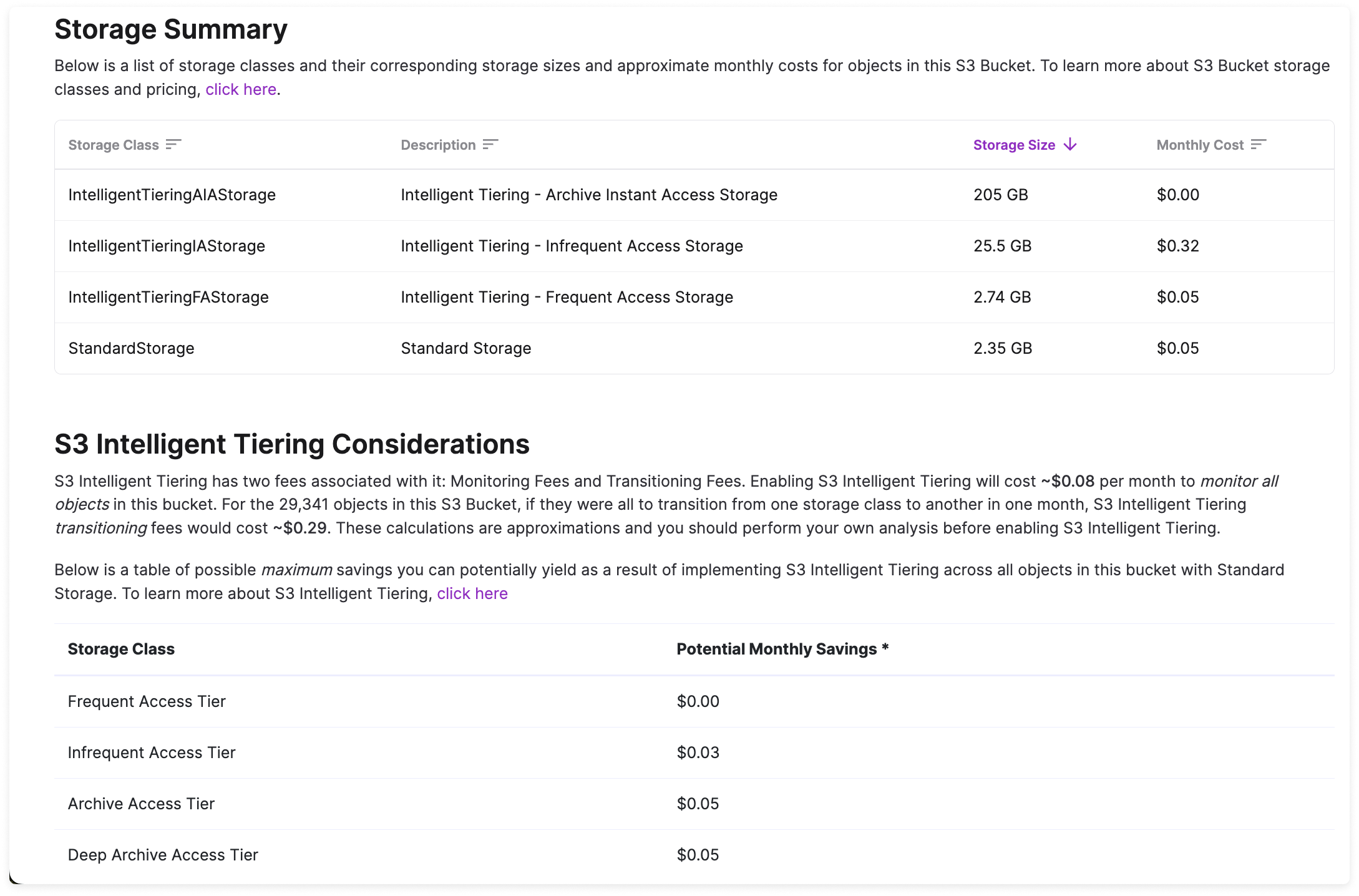 An example of the S3 Storage Summary screen with Intelligent Tiering suggestions