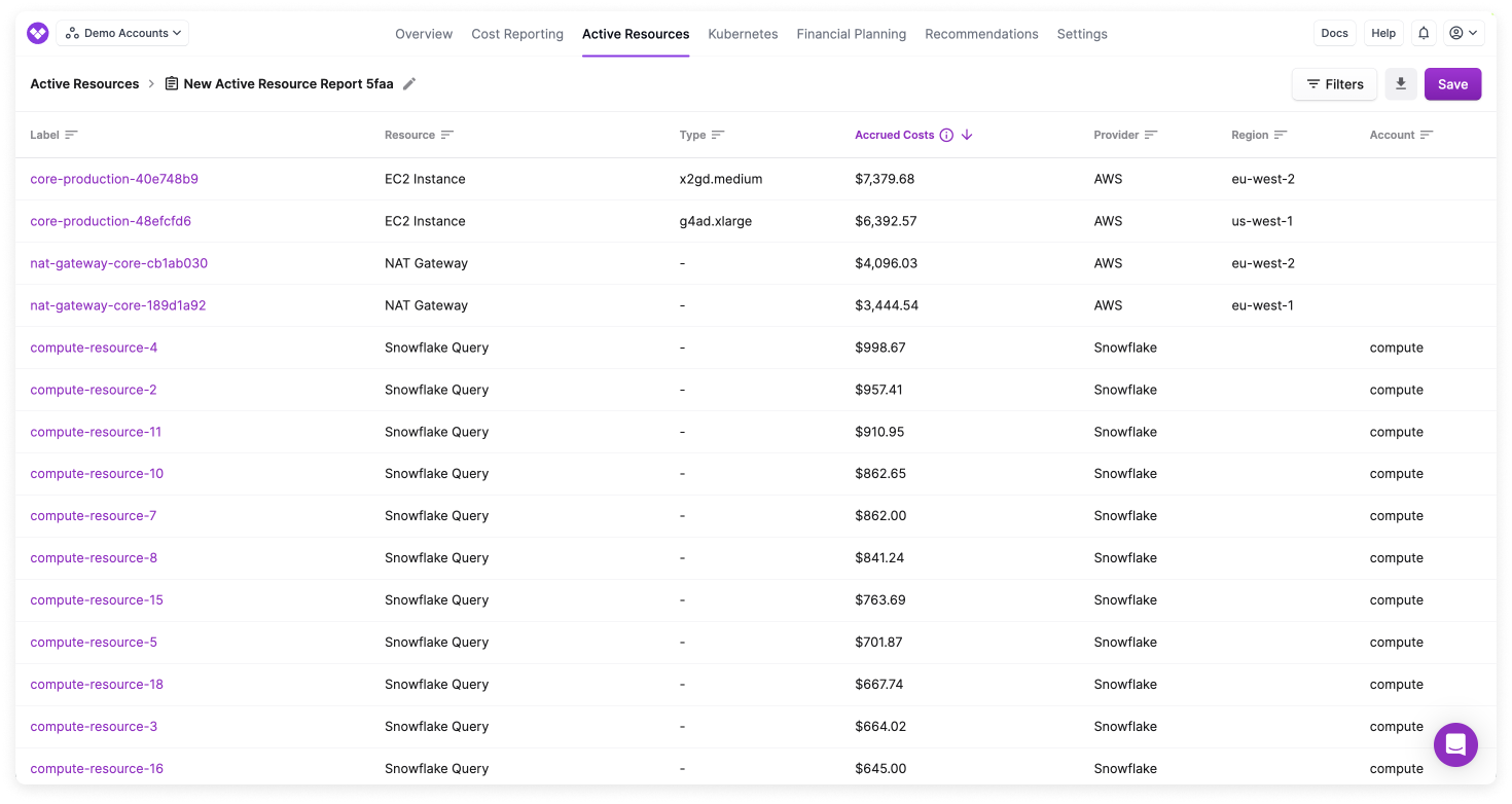 A full list of active resources for an account. The resource's label, type, costs, provider, region, and account are listed.