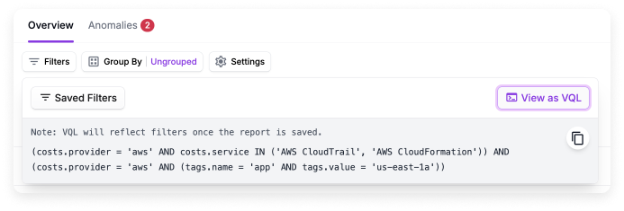 Show as VQL button on a Cost Report