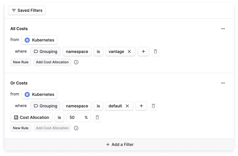 Cost allocation of 50% is added to a filter set on a Kubernetes Cost Report