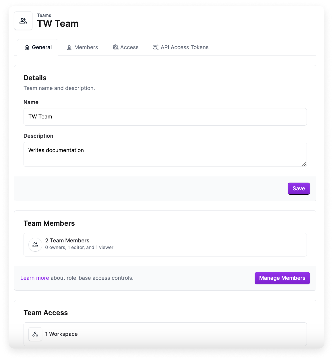 Team management tabs and options