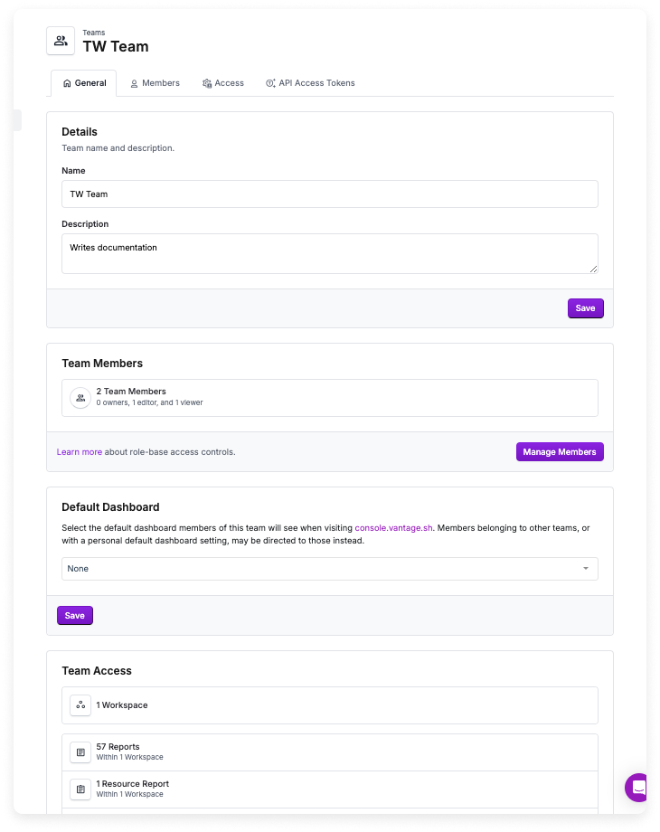 Team management tabs and options