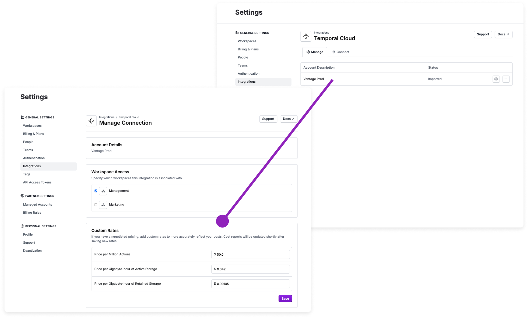 Editing rates for the Temporal Cloud integration in Vantage