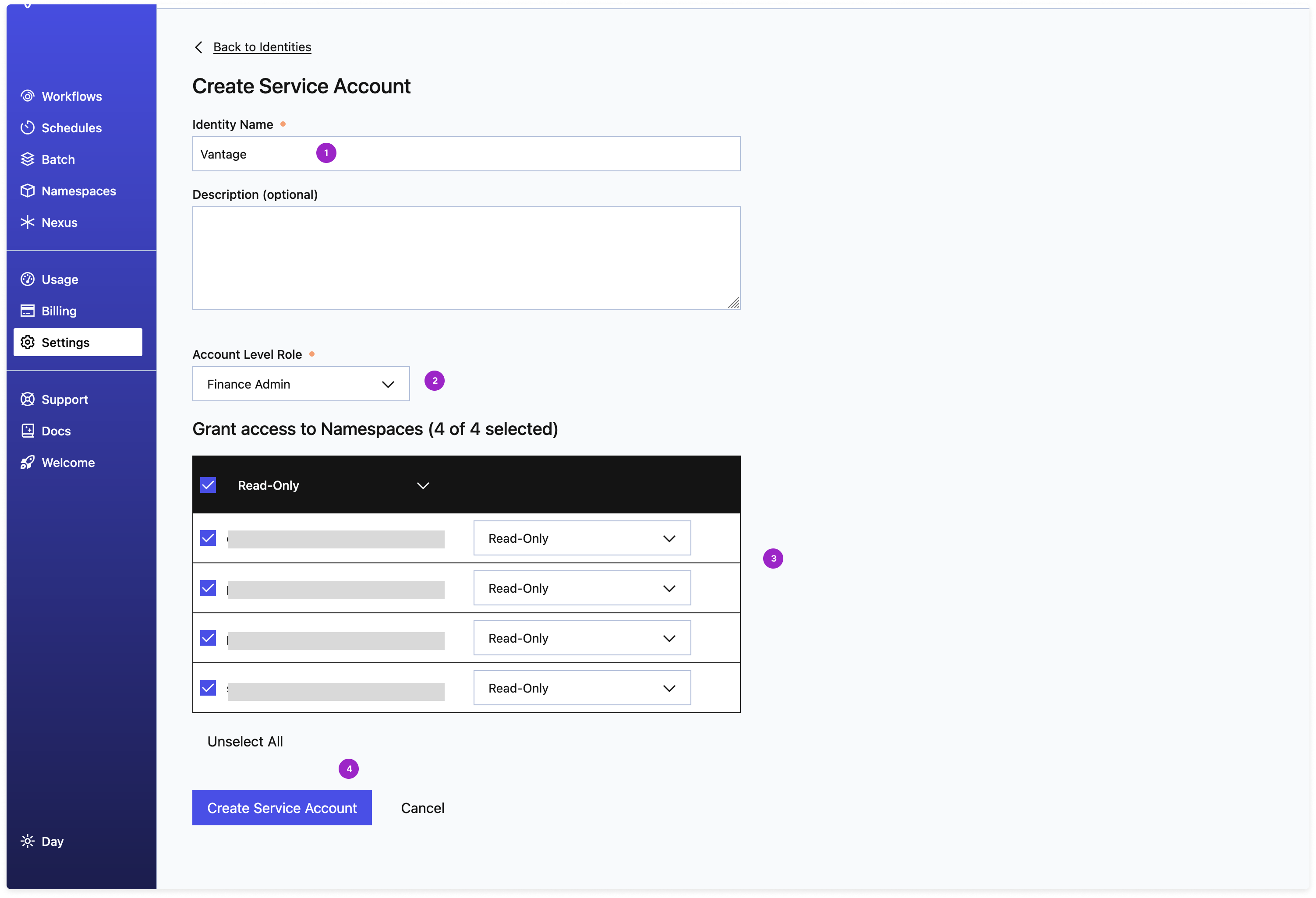 Setting up the Temporal service account with relevant permissions