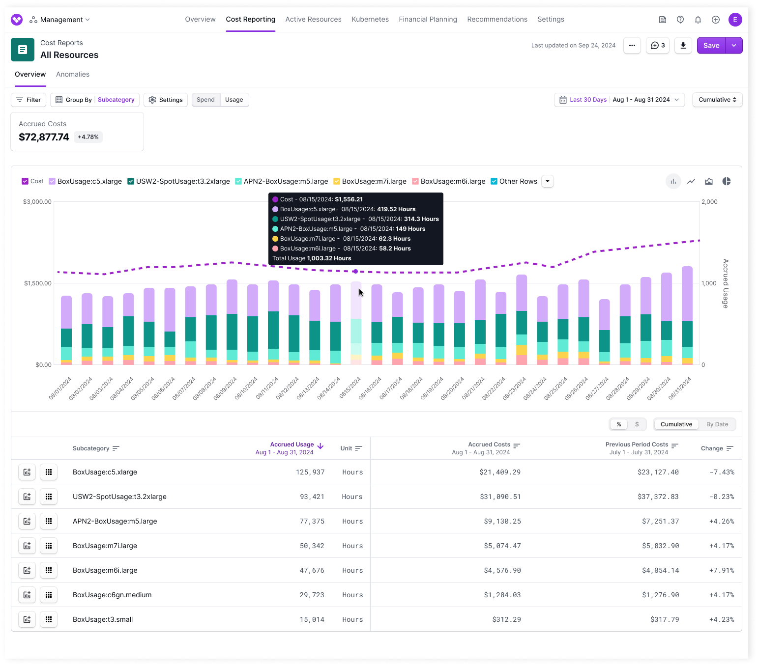 Example of Usage-Based Report displaying EC2 instance running hours