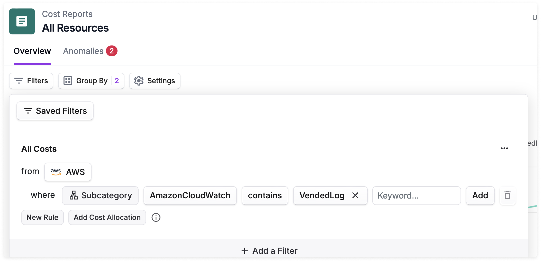 Cost Report with filters for Vended Logs