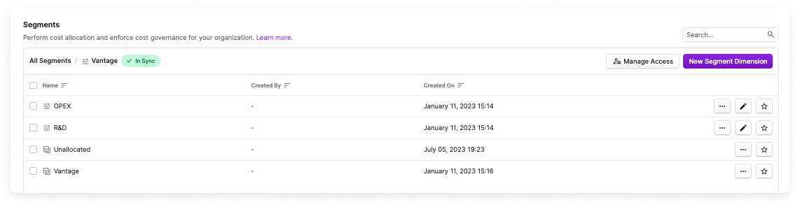 A list of child segments is displayed. The status indicates they are in sync. It is a list of nested segments called OPEX and R&D. The Unallocated segment is also listed.