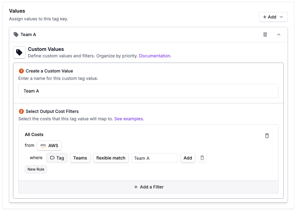 A sample Tag Value field for a value of AWS Team tag flexible matches Team A