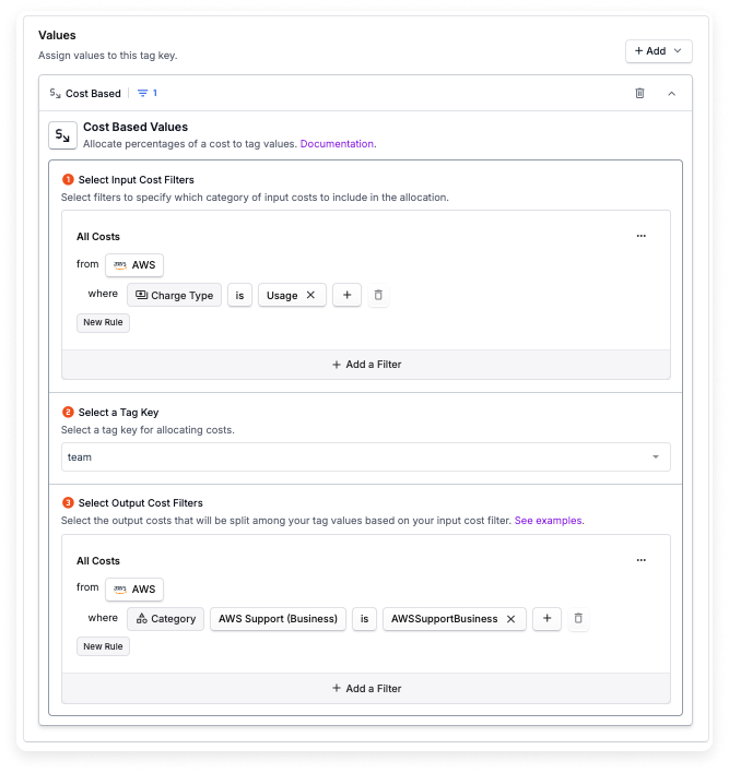 A sample Tag Value field for AWS Support Fee costs